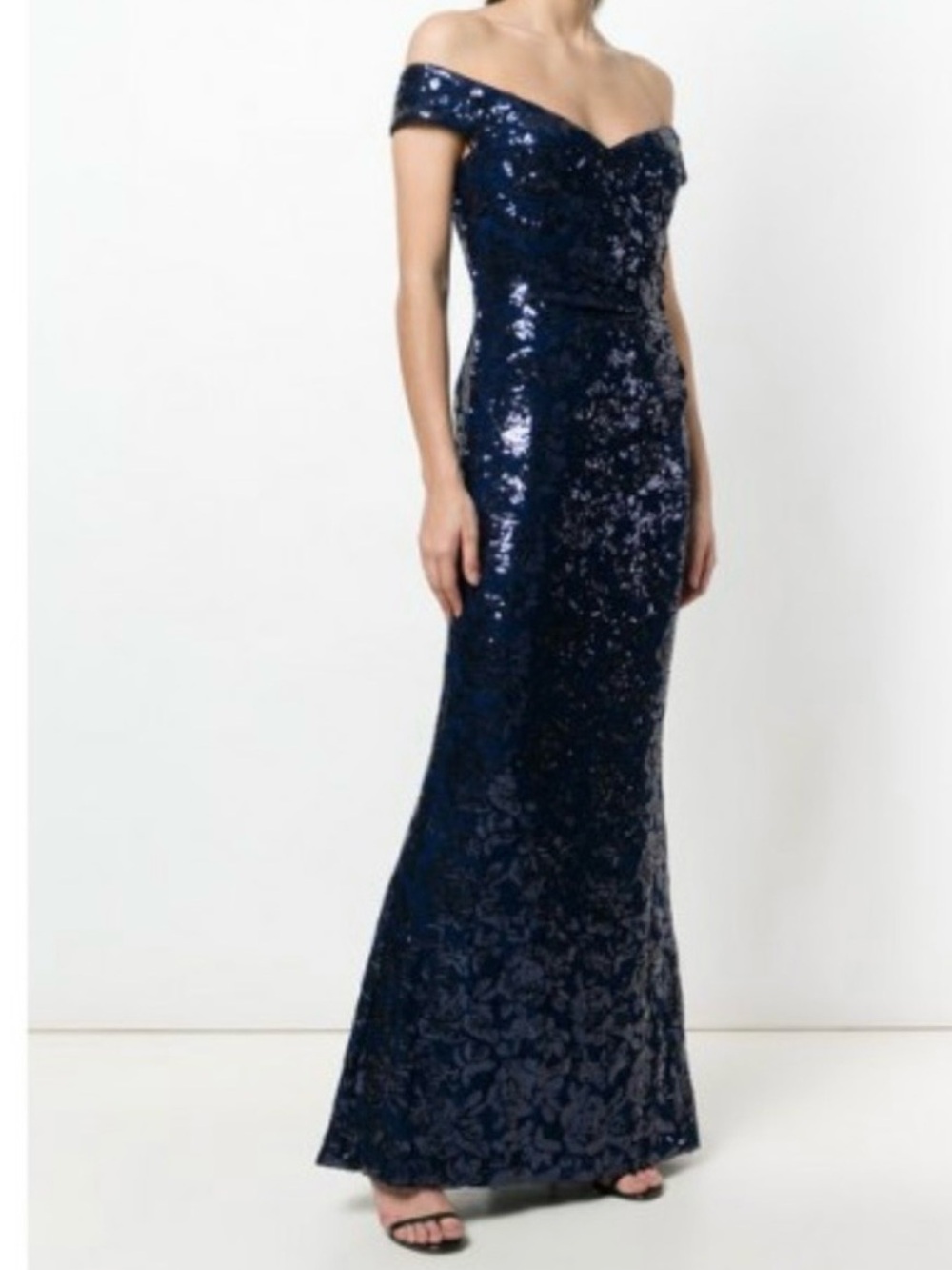 Lauren Ralph Lauren Off The Shoulder Navy Blue Sequined Evening Gown Size 4